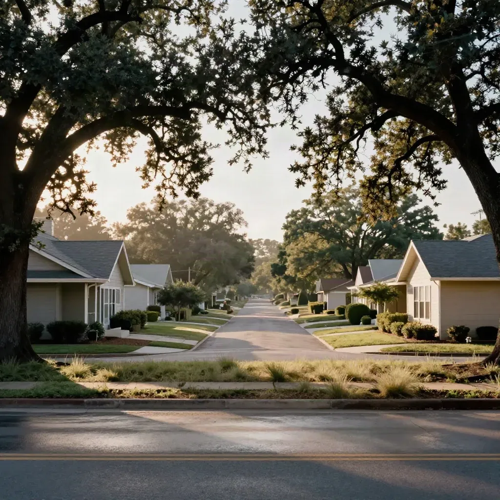 Warm South Austin vista with live oaks, bungalow roofs, and hazy limestone street at sunset.