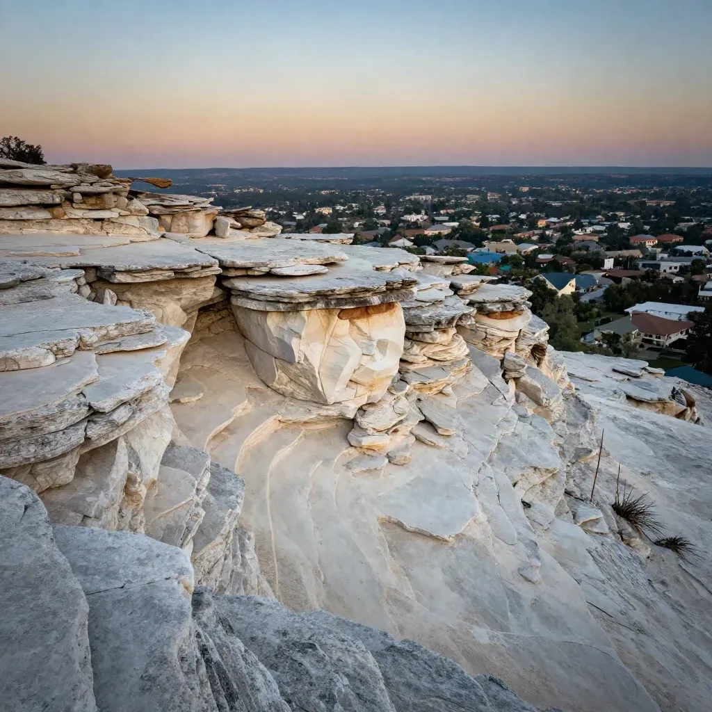 Hill Country limestone ledges above distant Austin suburbs at blue hour under an open sky.