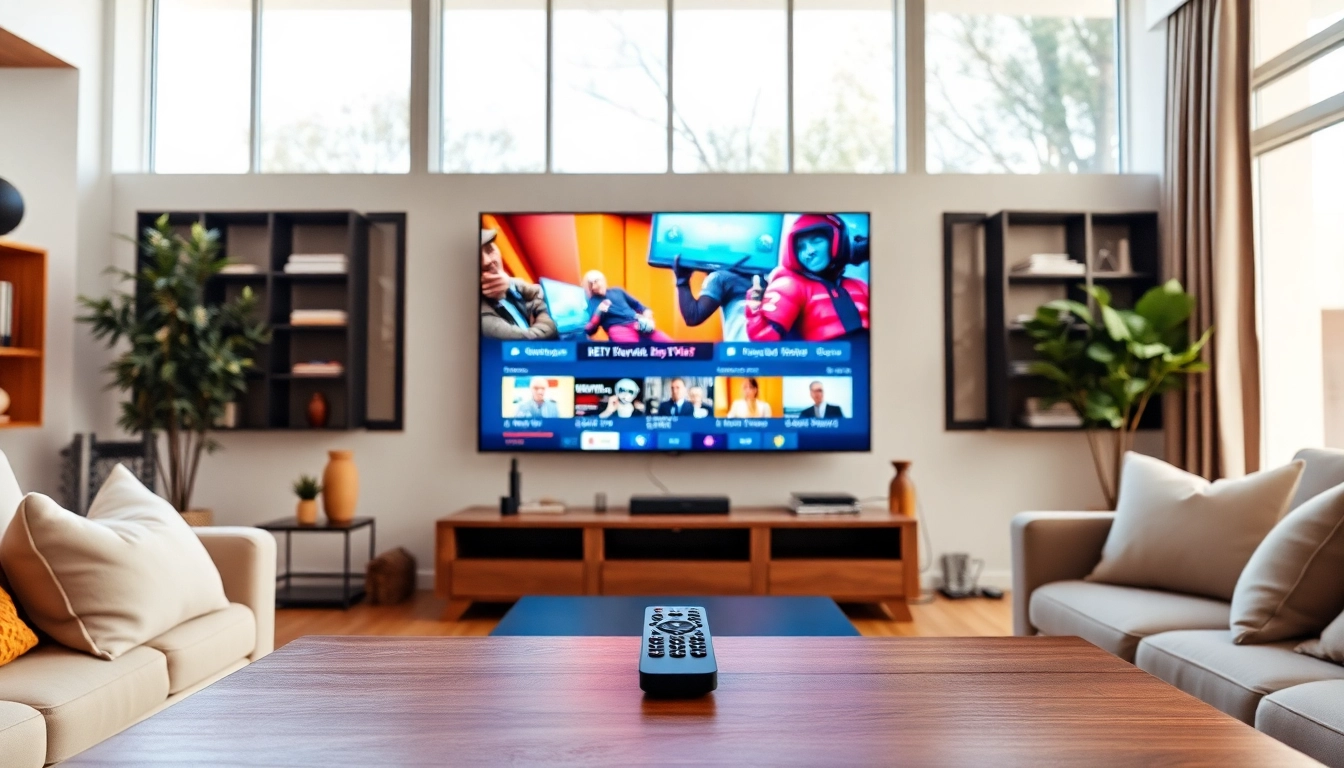 Experience seamless IPTV services in a modern living room with vibrant streaming content on display.
