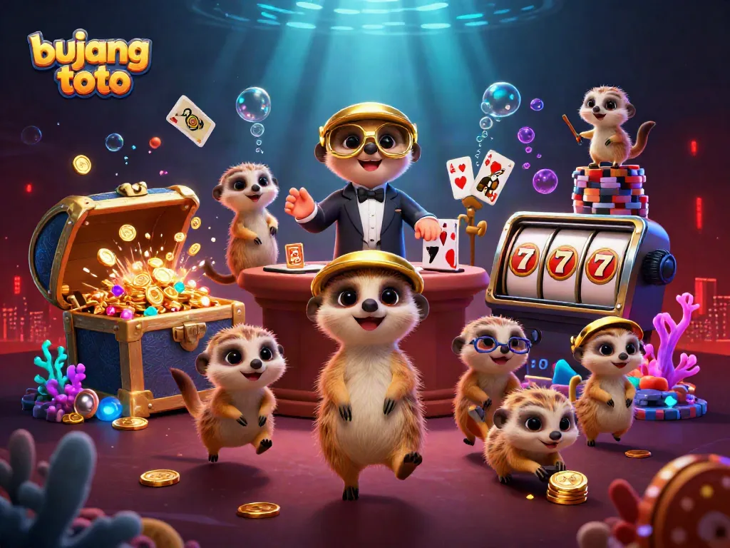 Engage with the bujang toto casino experience featuring cartoon meerkats managing a vibrant gaming scene.