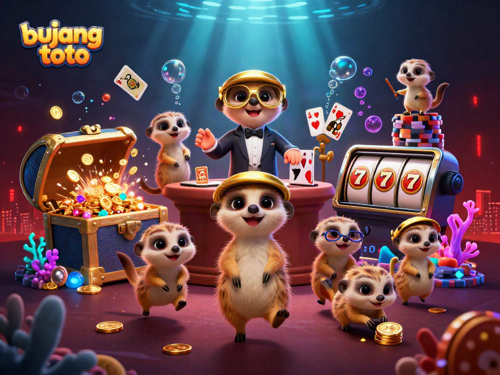 Engage with the bujang toto casino experience featuring cartoon meerkats managing a vibrant gaming scene.