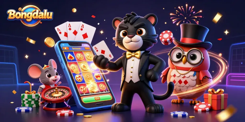 Bongdalu showcases a vibrant 3D scene with a stylish panther, owl, and mouse, celebrating casino thrills.
