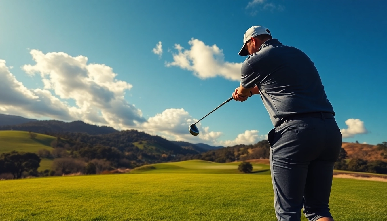 Engaging golfer captured mid-swing on a beautiful Golf course.