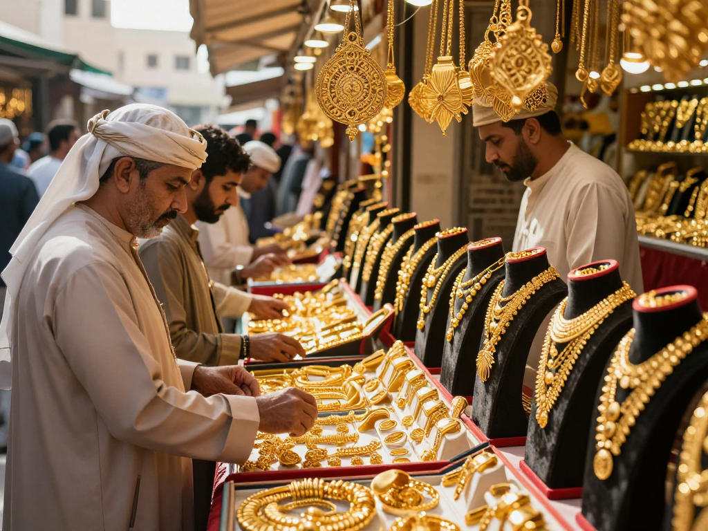 mantra 88 gold jewelry showcased in a vibrant Bahrain marketplace