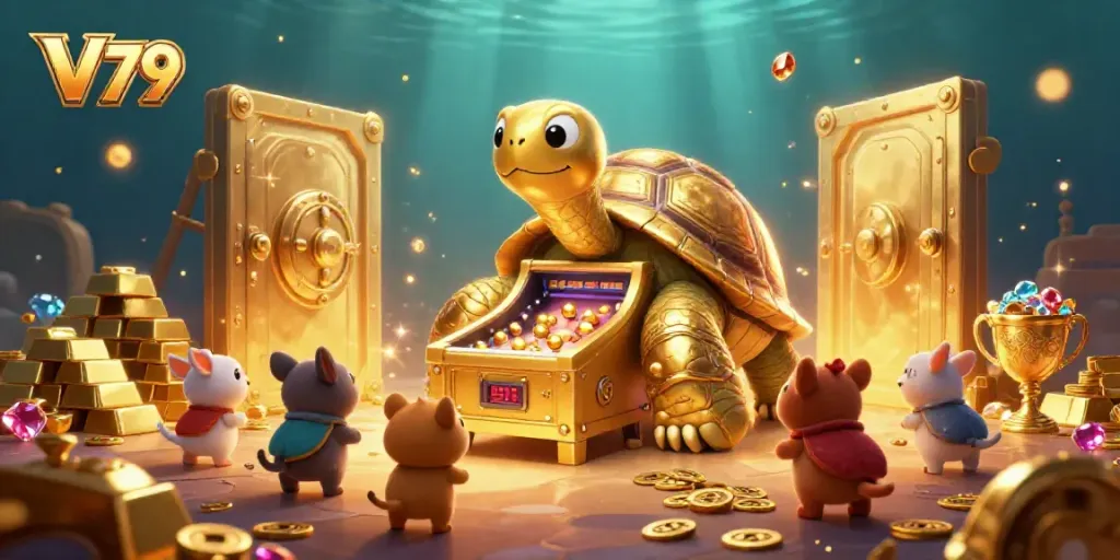 Experience the thrill of gambling with V 79's dynamic 3D illustration showcasing vibrant casino elements and excitement.