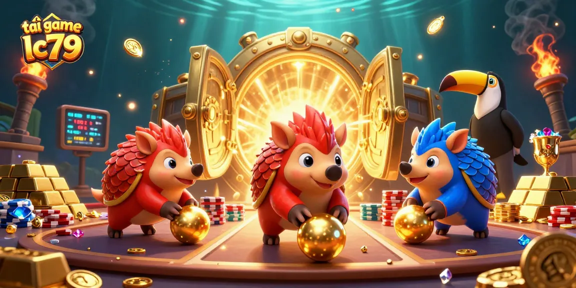 Tải game lc79 với hai con tê tê hoạt hình cạnh tranh giữa đống chip poker và kho báu lấp lánh.