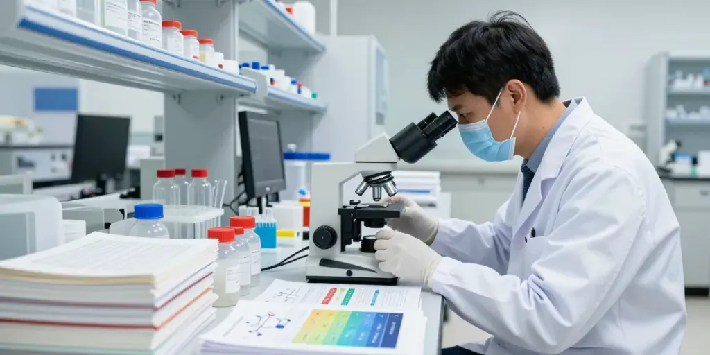 Scientist analyzing peptides in a modern lab showcasing SwissChems research quality.