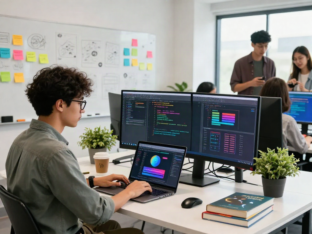 A young professional crush on coding at a creative digital workspace with vibrant app designs.