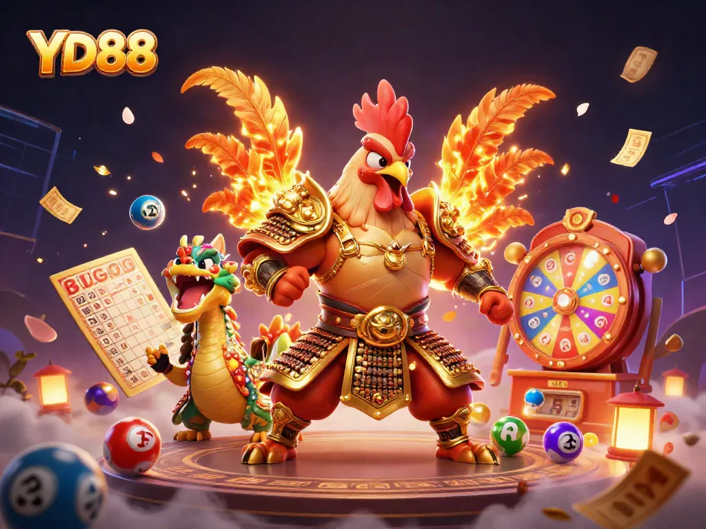 Experience YD88's thrilling casino action featuring vibrant illustrations of fighting rooster warriors and engaging lottery games.