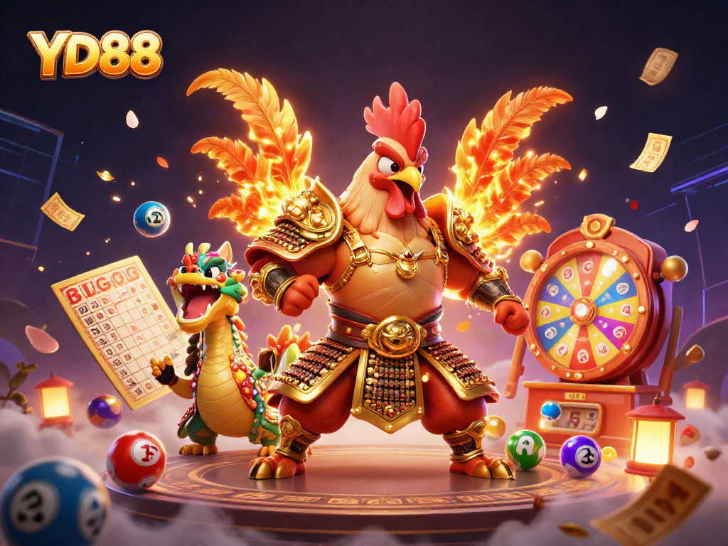 Experience YD88's thrilling casino action featuring vibrant illustrations of fighting rooster warriors and engaging lottery games.