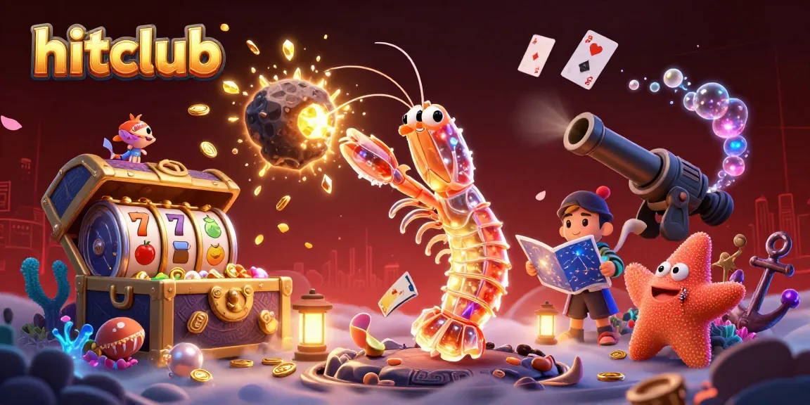 Hitclub showcases a vibrant 3D cartoon scene of a galactic samurai mantis shrimp and starfish in a casino adventure.