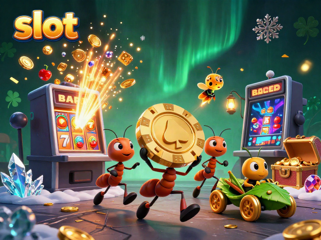 Semut mencuri chip poker emas raksasa dengan mesin slot yang memancarkan koin di sekitarnya