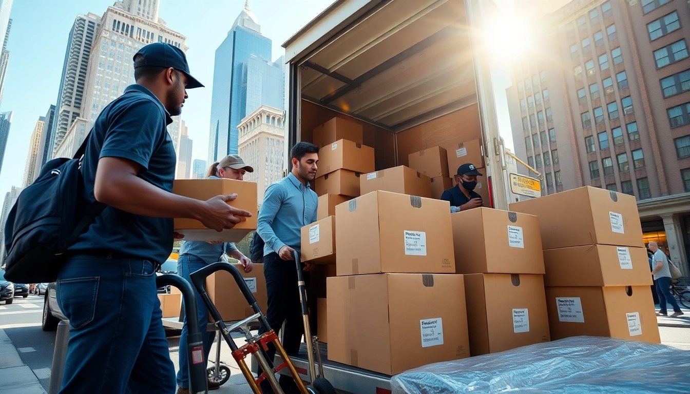 Efficient Office Moving Services NYC with professional movers packaging office equipment in NYC skyline setting.