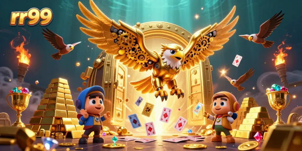 Experience rr99 excitement with a cybernetic golden eagle amidst cascading playing cards and golden treasures