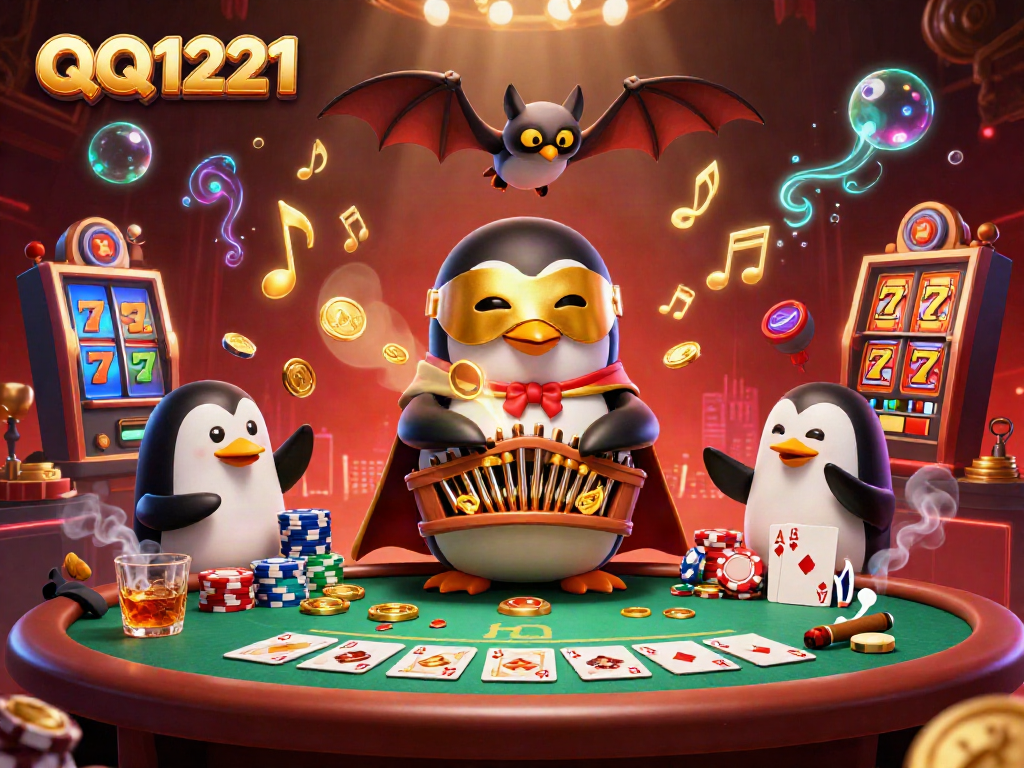 Engage with QQ1221 as a penguin organist entertains with golden coins in this vibrant casino scene.
