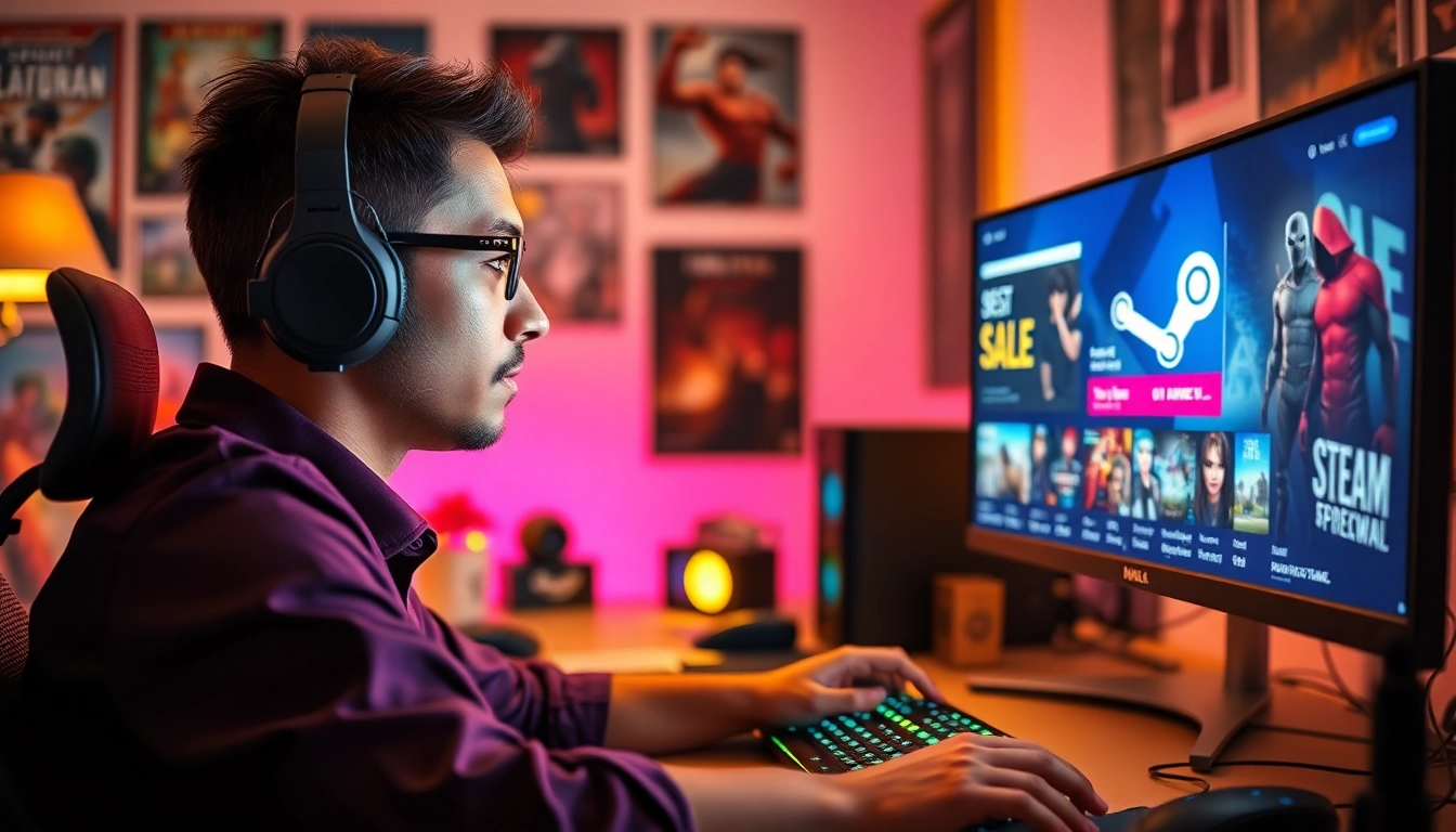 Gamer exploring the best Steam deals while immersed in a vibrant gaming setup.