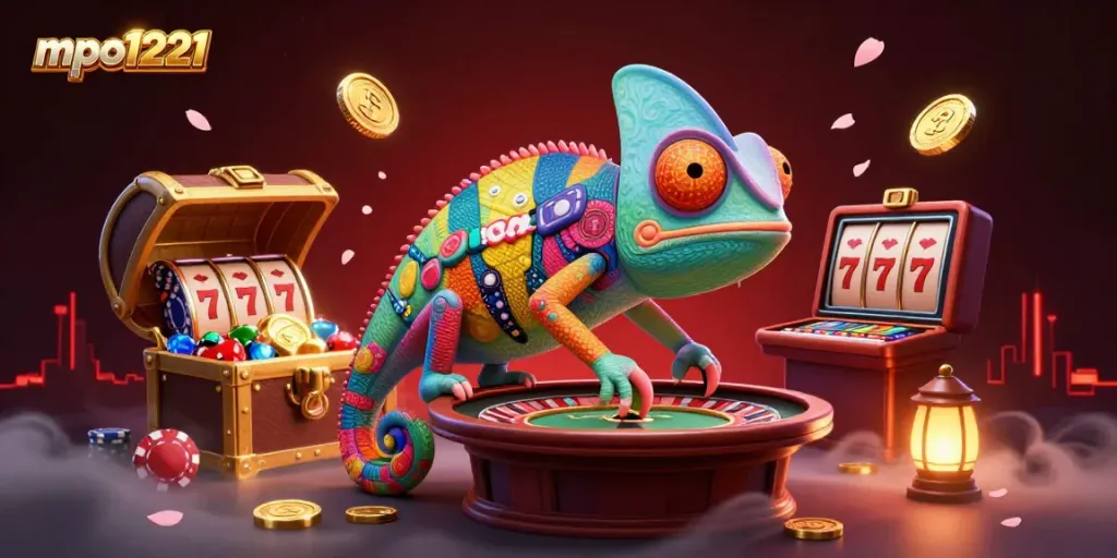 Play slots and win rewards on mpo1221 with vibrant casino illustration featuring a colorful chameleon.