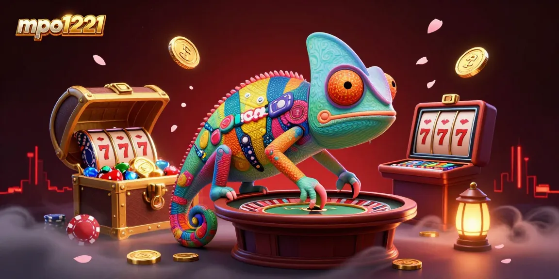 Play slots and win rewards on mpo1221 with vibrant casino illustration featuring a colorful chameleon.