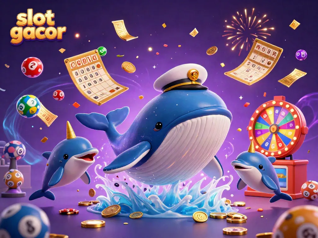 Karakter slot gacor: paus raksasa, narwhal, dan lumba-lumba di lautan koin dengan latar belakang prasasti kasino.