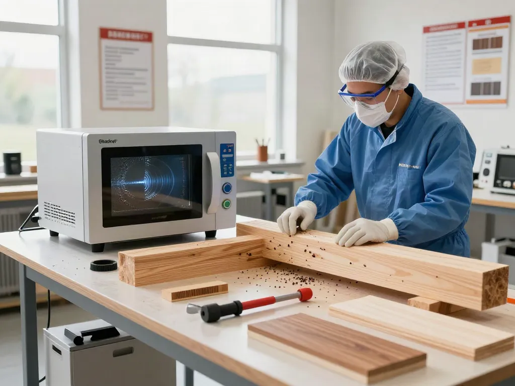 SHASHEL® technician using innovative microwave equipment for chemical-free wood treatment.
