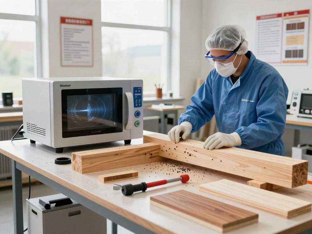 SHASHEL® technician using innovative microwave equipment for chemical-free wood treatment.