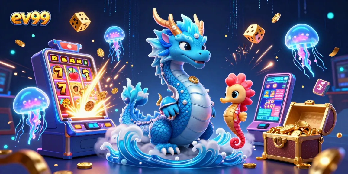 Experience the excitement of ev99 with a 3D dragon, slot machines, and vibrant casino games.