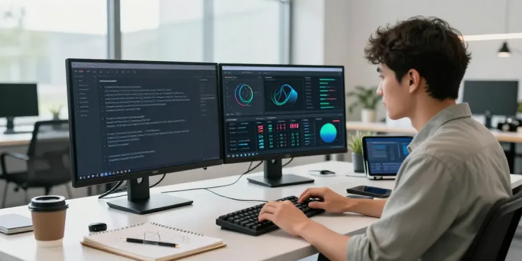 Content creator using an AI content generation tool in a modern workspace
