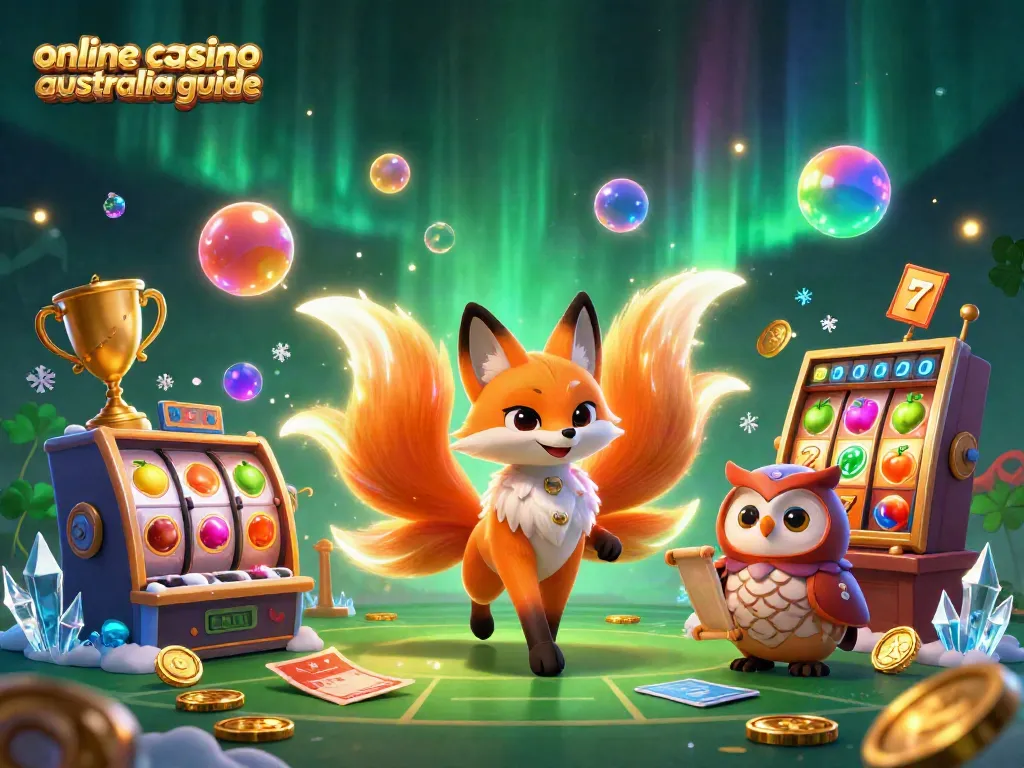 Engage with the vibrant online casino australia guide, featuring a colorful nine-tailed fox spirit, owl sage, and thrilling gambling elements.