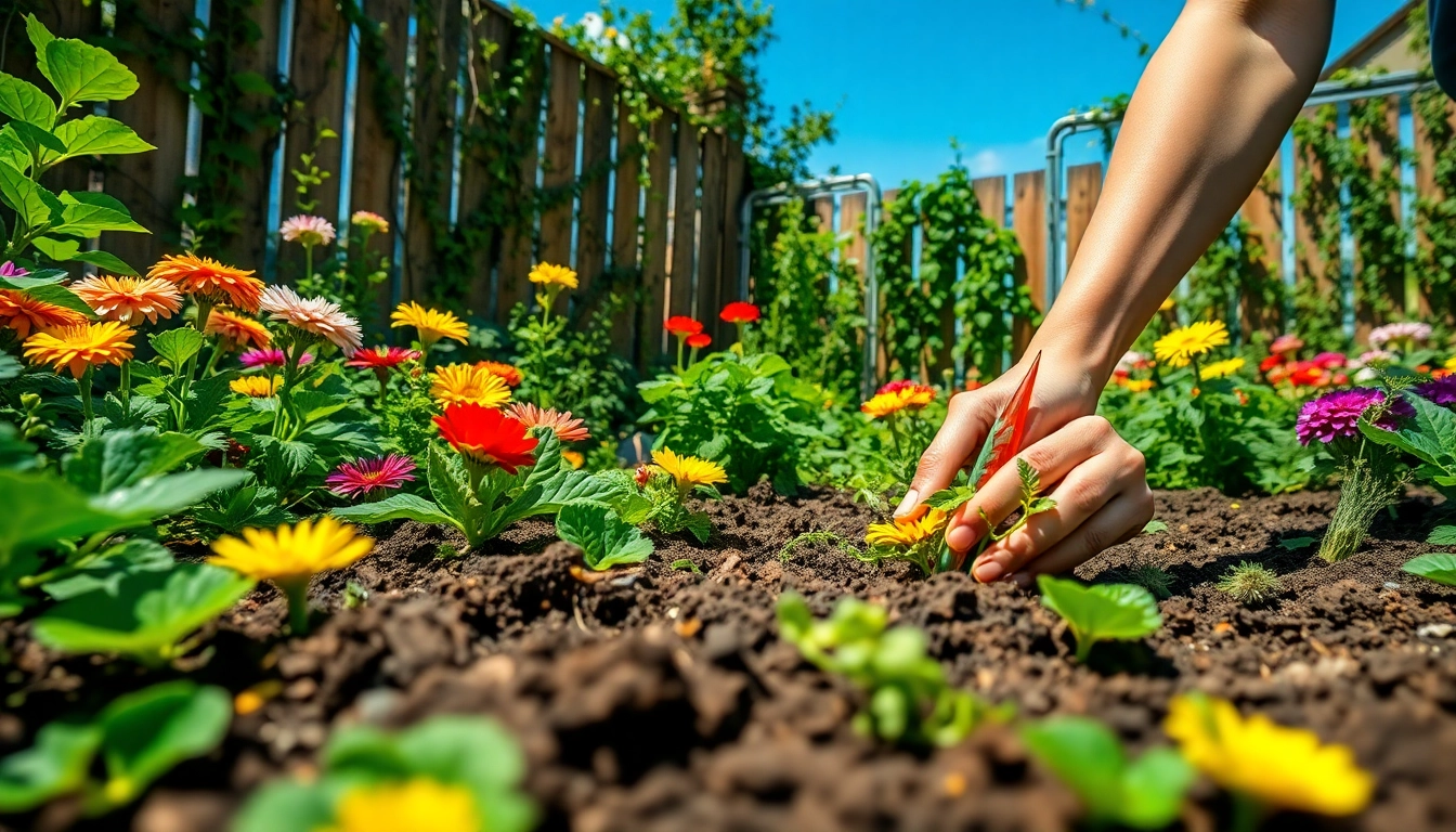 Gardening scene with a gardener planting seeds amidst a colorful array of flowers and vegetables.