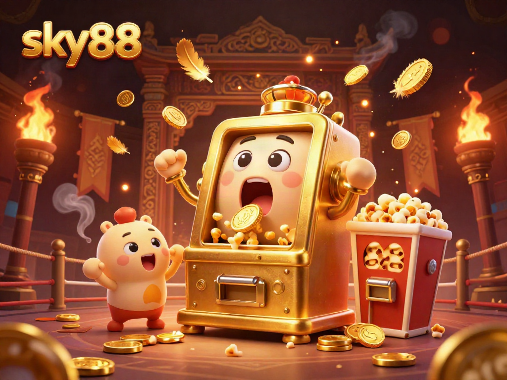 Sky88 slot machine celebrates its jackpot with cheering characters, showcasing dynamic gaming excitement.