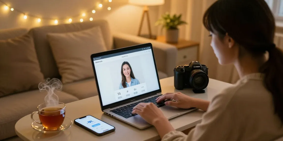 User engaging in ai nsfw chat on a laptop in a cozy room, surrounded by warm lighting and digital devices.
