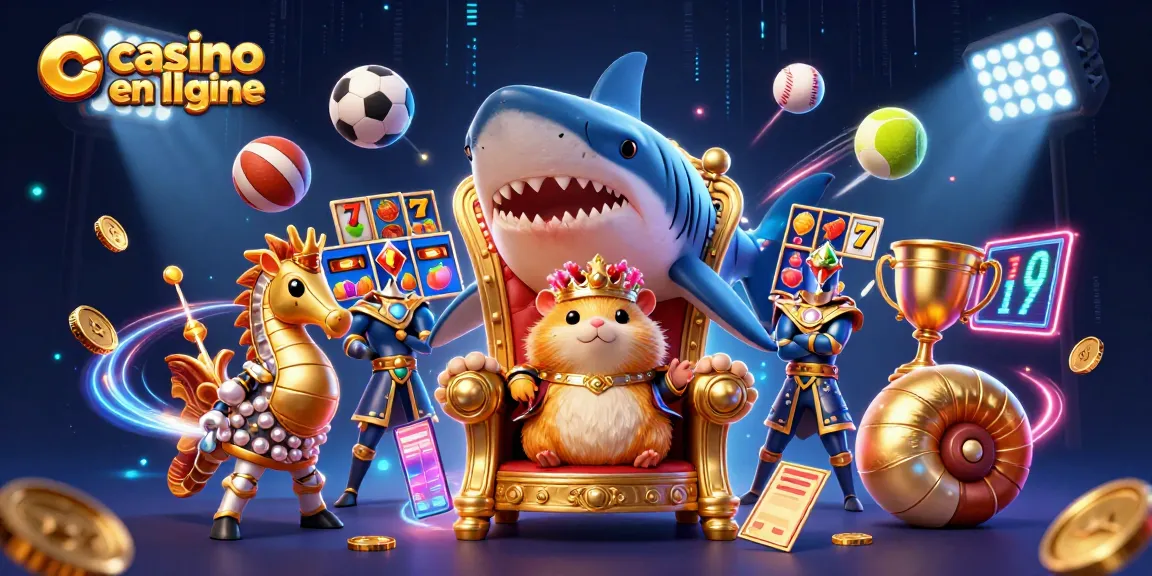 Illustration d'un roi hamster en or sur un trône de dent de mégalodon, représentant le casino en ligne.
