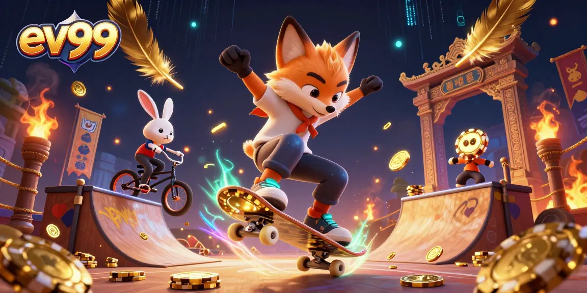 Experience the thrill of ev99 as a skateboarder fox performs tricks in an exciting casino-themed illustration.