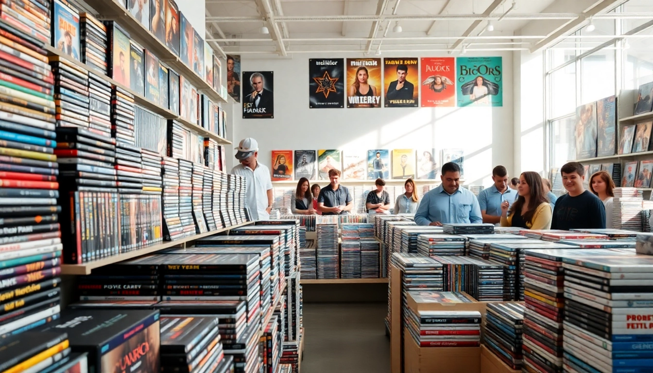 Browsing through a collection of bulk DVDs in a well-organized store.