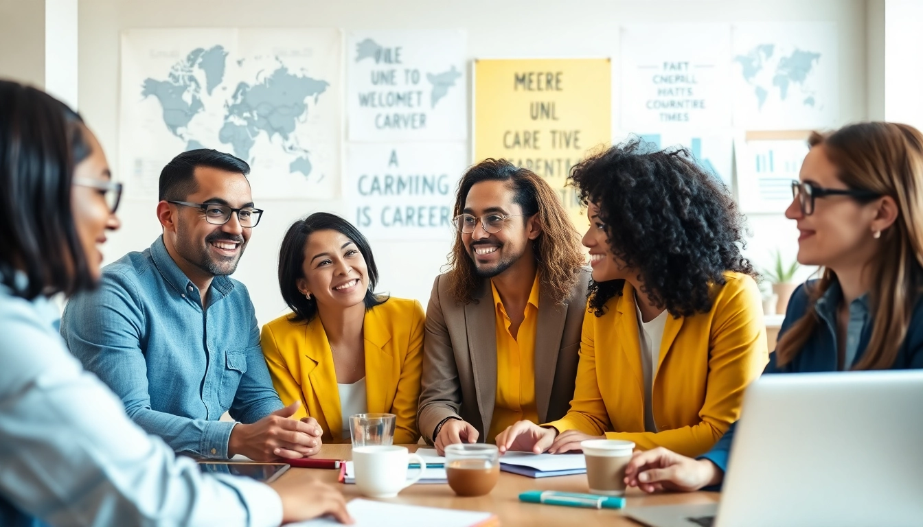 Engaging professionals discussing their ideal career paths in a bright, inspiring workspace.