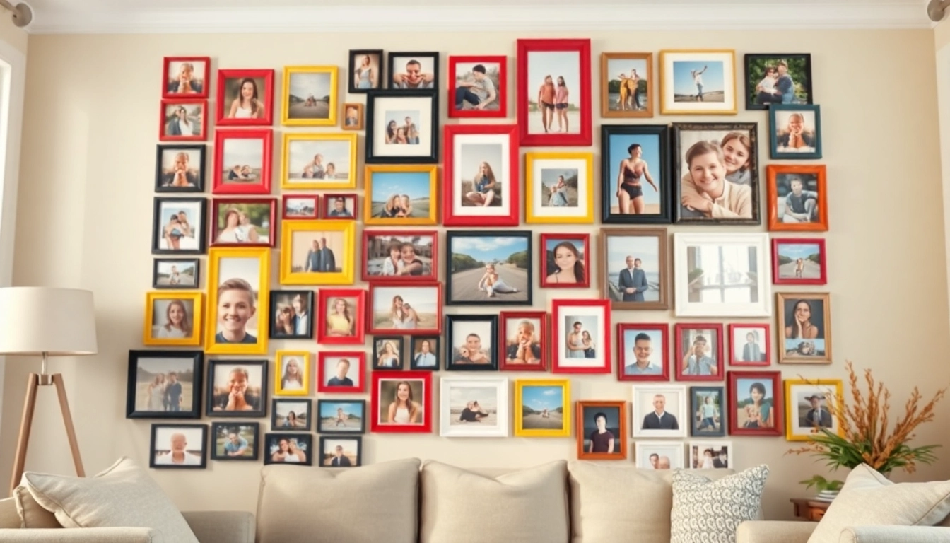 Decorative photo wall displaying a variety of colorful frames with precious memories.