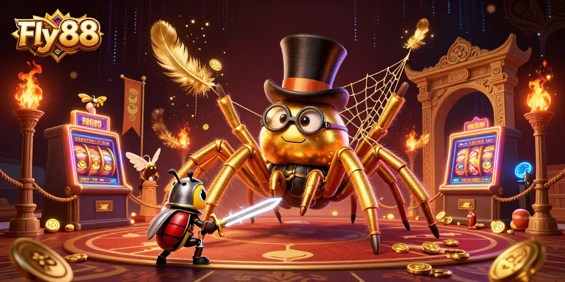 Engage with Fly 88's thrilling casino action featuring a golden tarantula, beetle knight, and vibrant game elements!