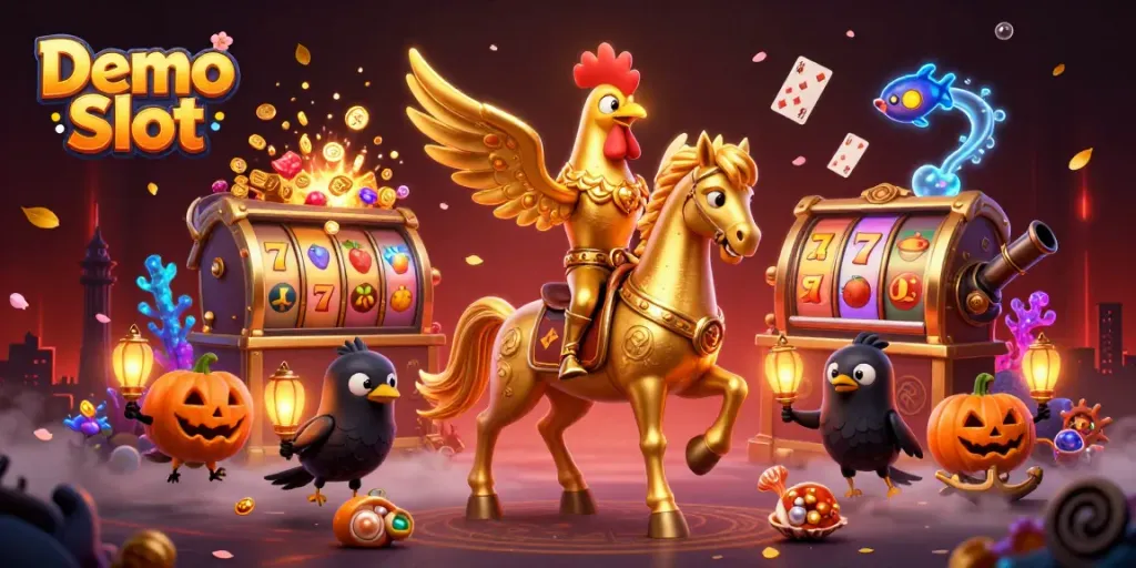 Experience thrilling gameplay with Demo Slot featuring a magical golden rooster in a vibrant midnight casino