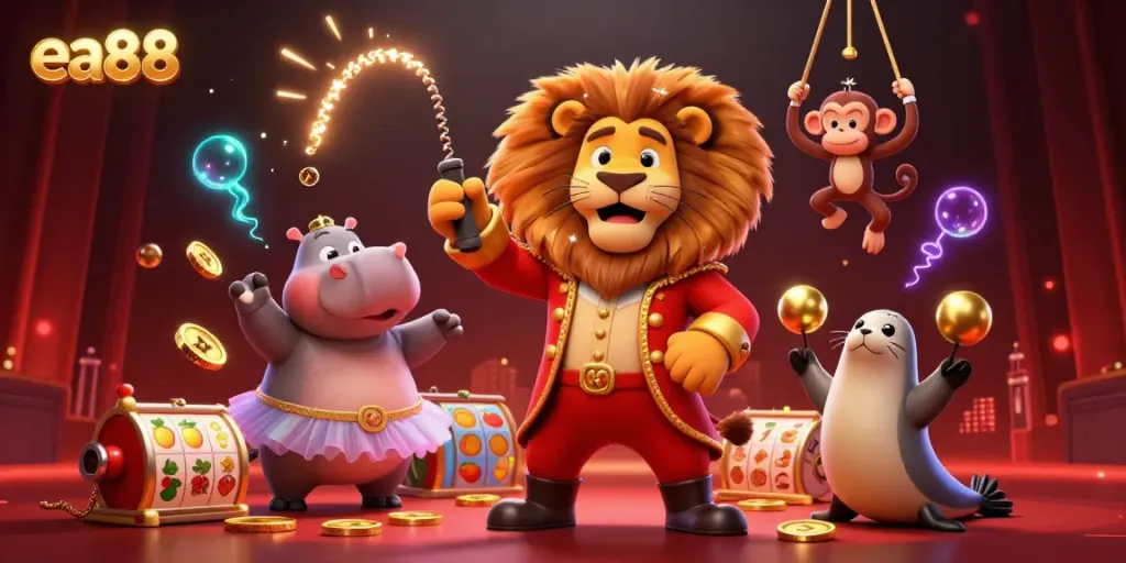Experience the dynamic excitement of ea88 casino with a vibrant circus-themed scene featuring characters and gaming elements.