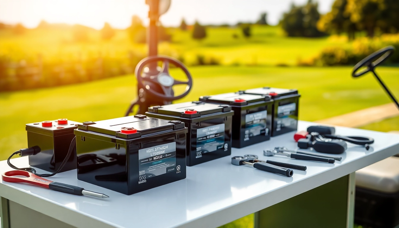 Showcase of lithium golf cart batteries on a display table with a golf course backdrop.