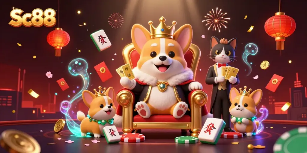 Experience the excitement of SC88 with a royal corgi on a throne surrounded by casino elements.