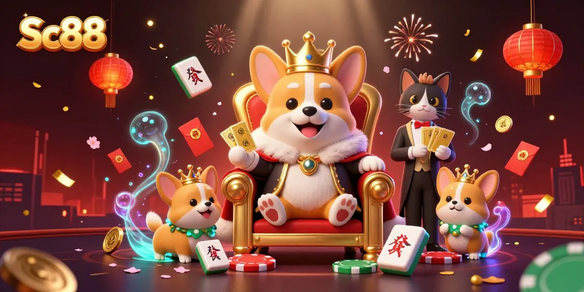 Experience the excitement of SC88 with a royal corgi on a throne surrounded by casino elements.