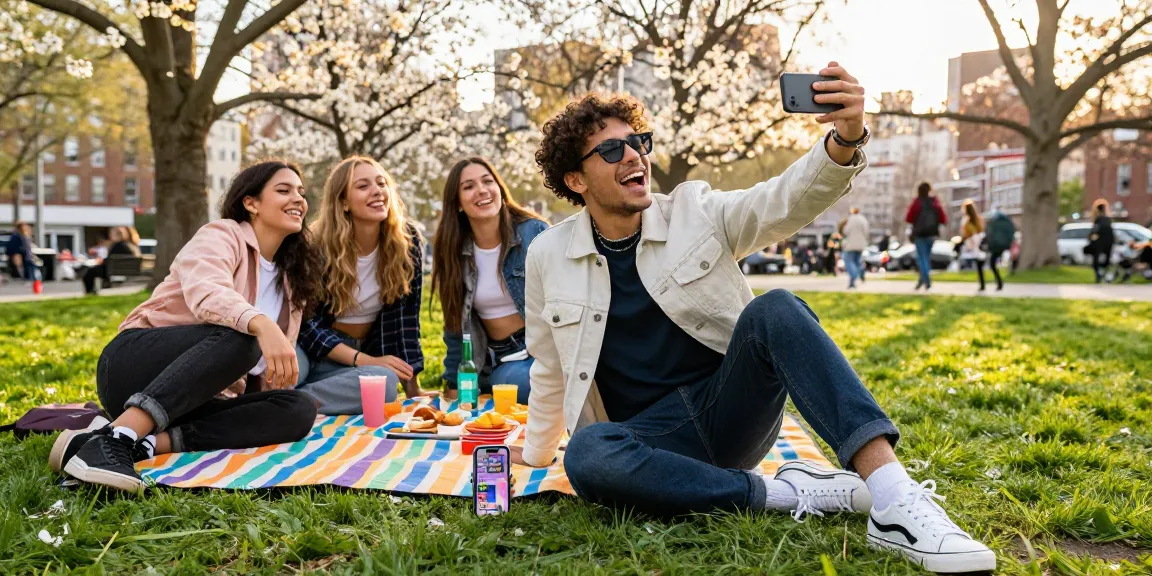 Playful group enjoying a sunny day with the how old do i look app in use