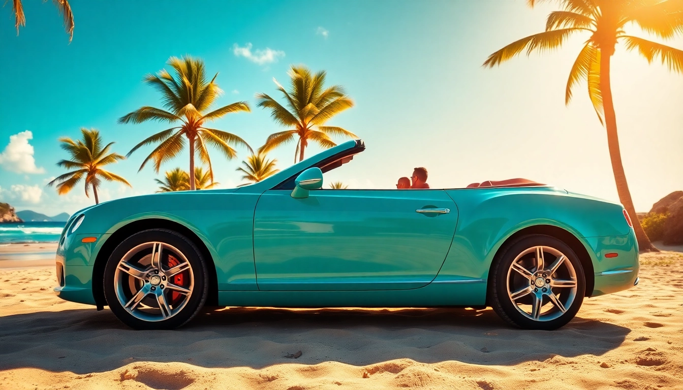 Rent a car st barth with a convertible parked on a beautiful St. Barth beach.