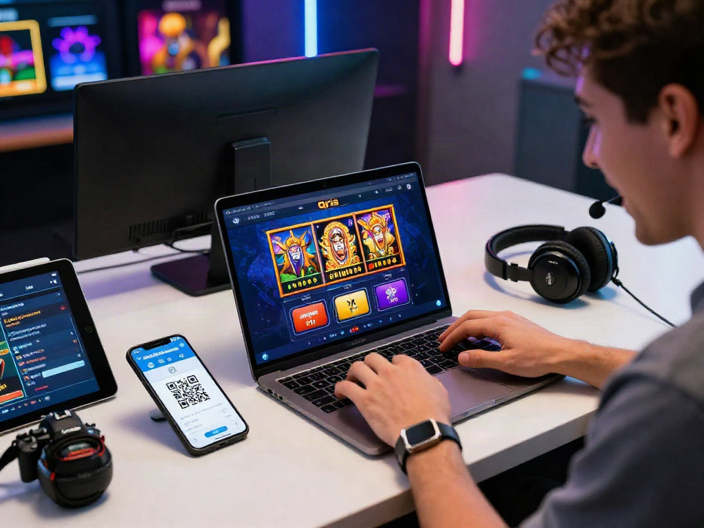 Player engaging with slot qris interface at home gaming setup with laptop and smartphone.