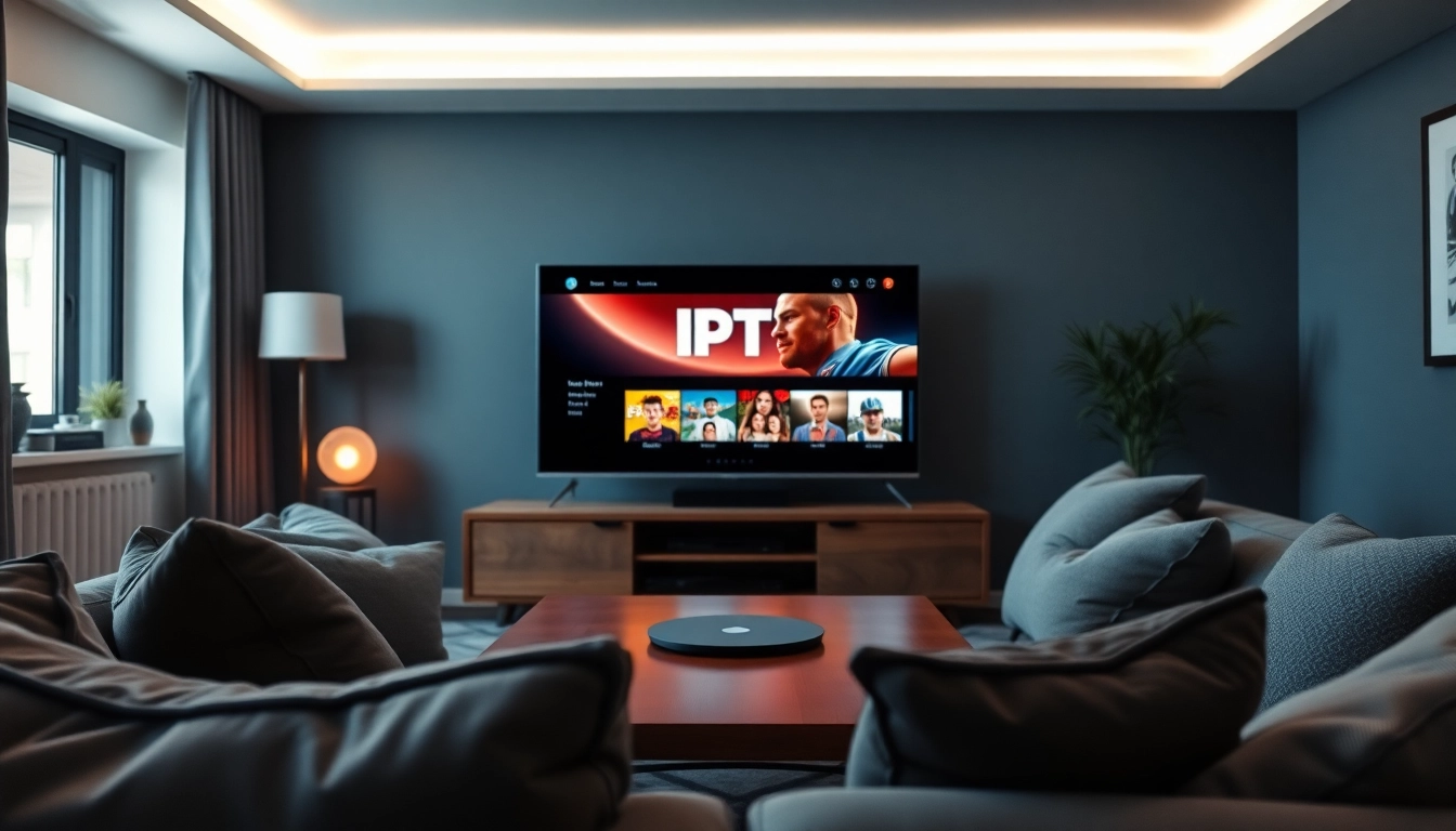Engaging living room scene showcasing FREE IPTV Trial on a modern television.