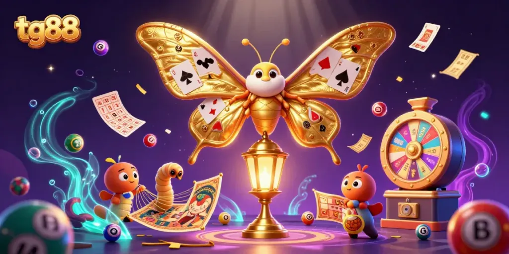 Engage with tg88's vibrant lottery experience featuring dynamic elements and rich visuals in a casino-themed illustration.