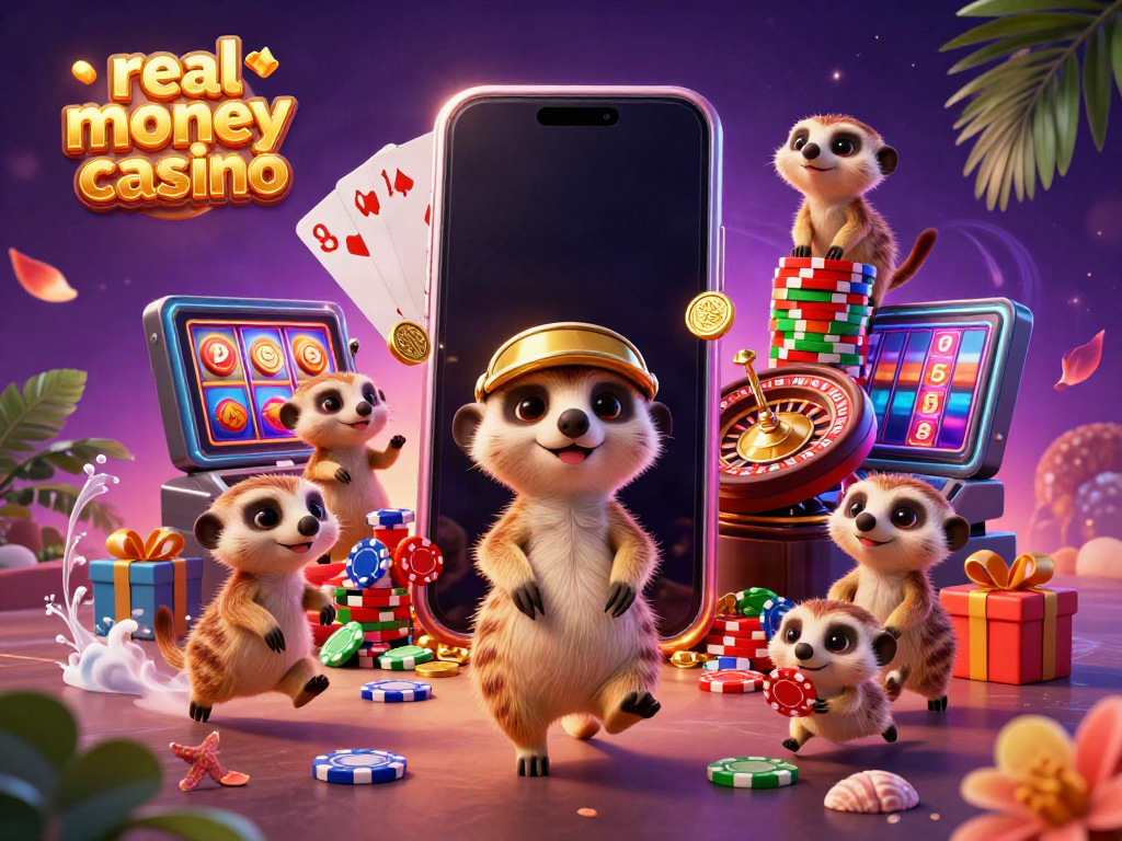 Experience the excitement of a real money casino with a lively meerkat casino scene showcasing vibrant games.