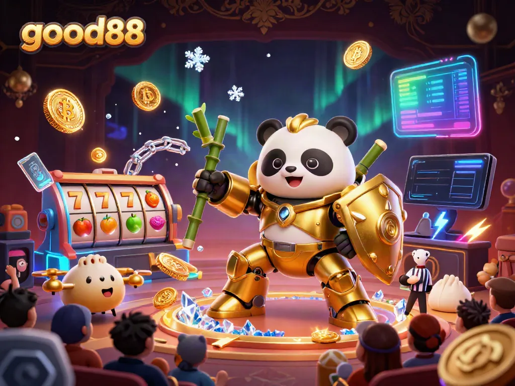 Experience the vibrant gaming arena in good88 with a mech-suit panda battling amid bright slot symbols.