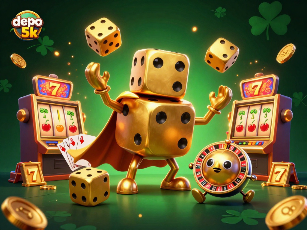 Engage in exciting gameplay with depo 5k, featuring a lively golden dice golem and slot reels.